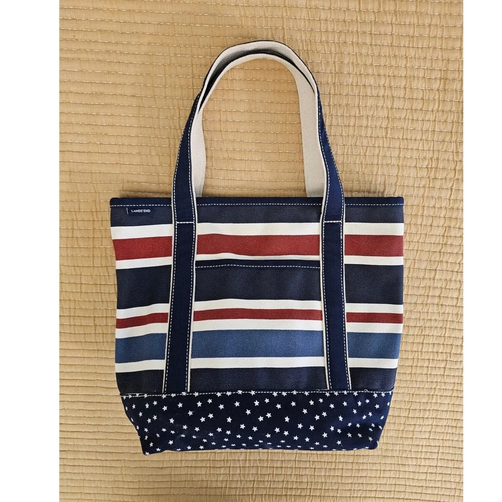 Lands End Canvas Tote Bag Patriotic Americana Stripes Stars Holiday